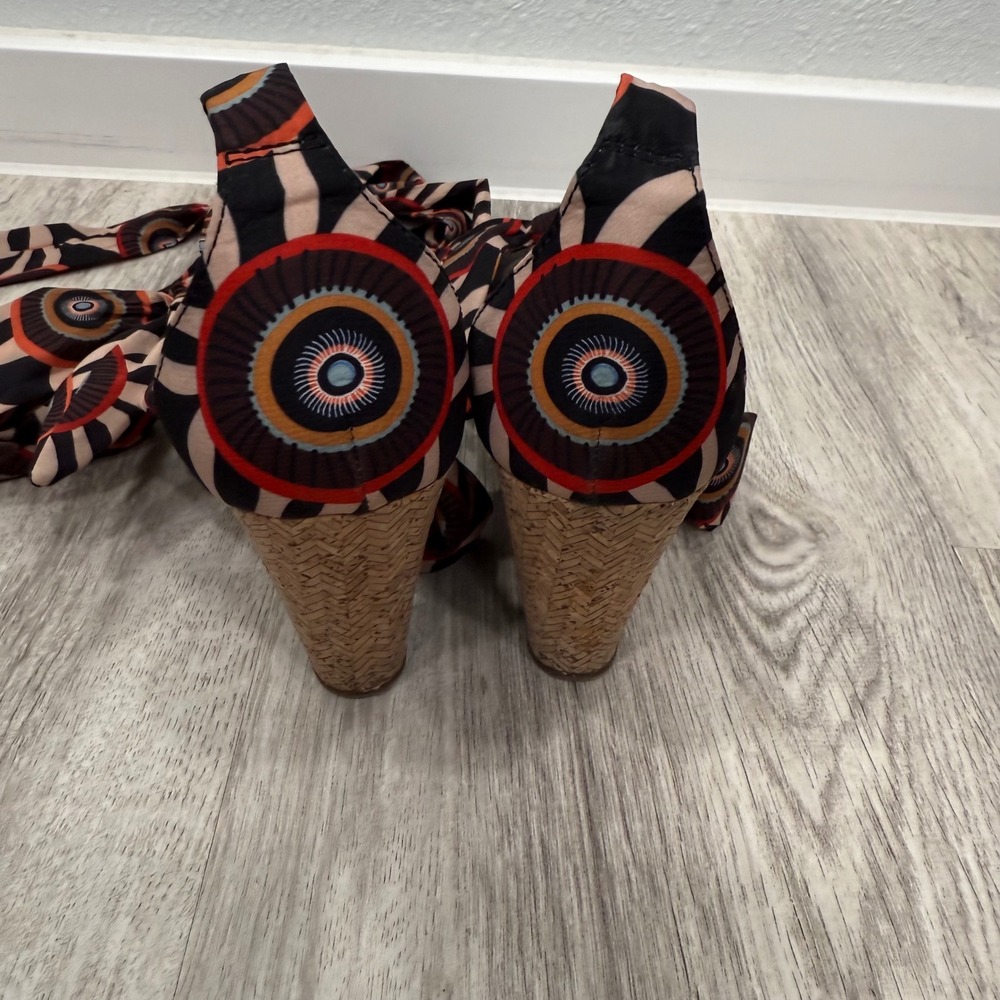 Impo Wedge Heels Ankle Wrap Fabric Tie Black Orange Pattern‎ Party Shoes - Picture 3 of 5